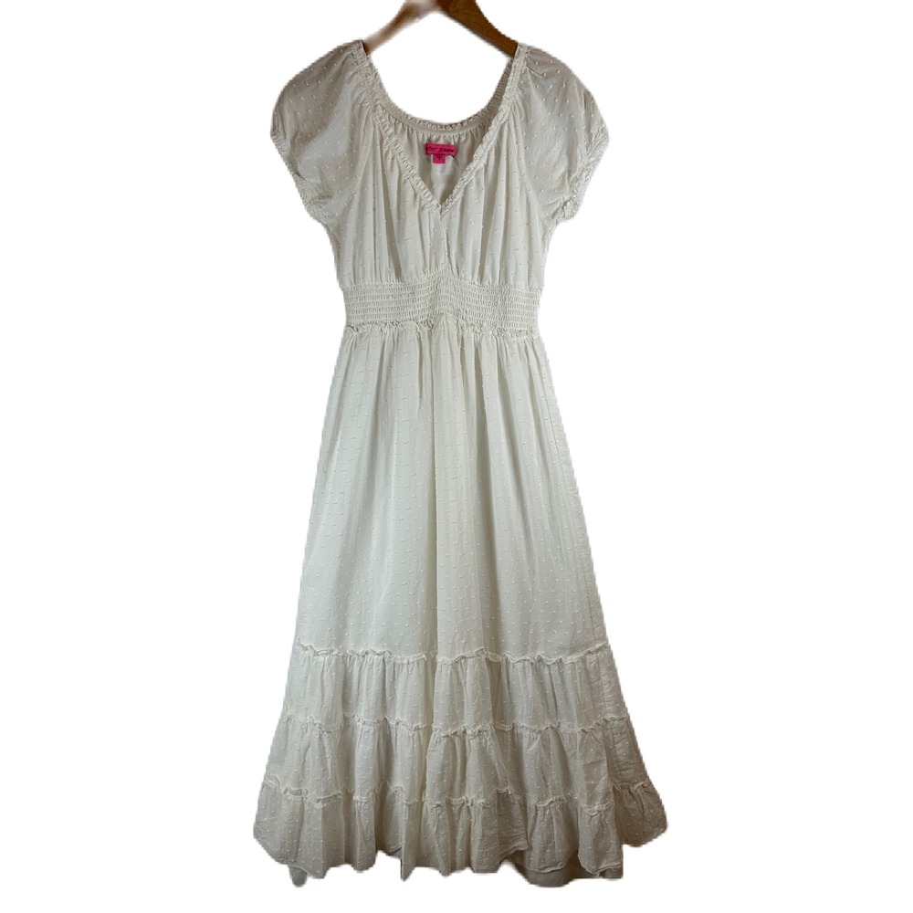Betsey Johnson White Swiss Dot Midi Dress Smocked Waist Tiered Ruffle Milkmaid M